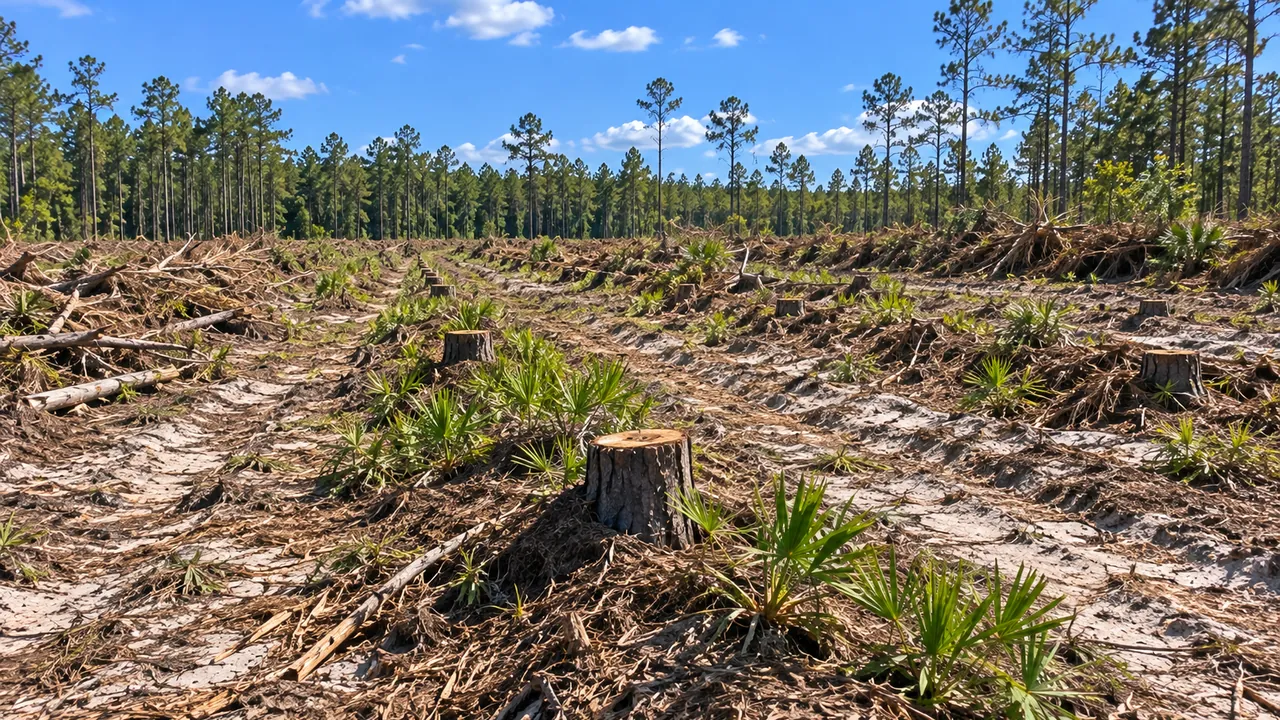 Flat cutover pine tract with stumps on raised planting rows, windrows of debris and palmetto resprouting