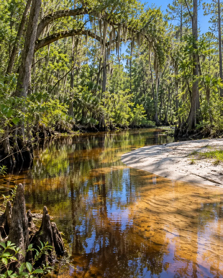Tea-colored creek with a white sandbar, cypress knees and Spanish moss along untouched wooded banks