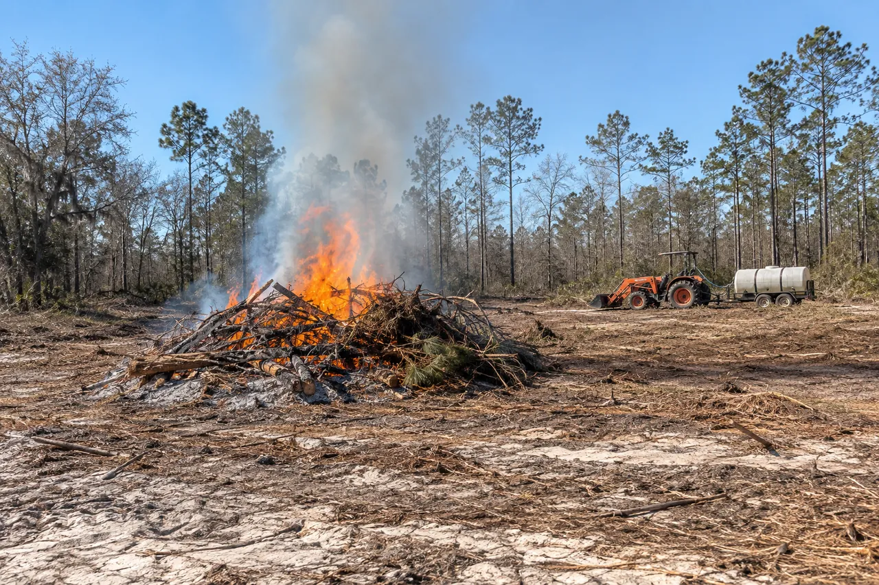 Brush pile burning in the middle of a wide cleared sandy tract, with a tractor and water tank parked well back
