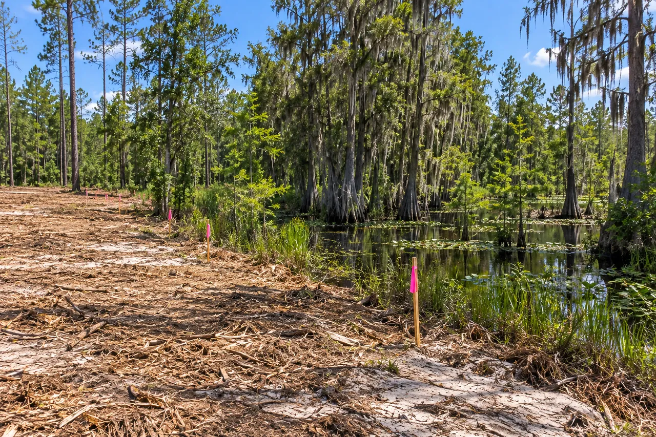 Round cypress dome with Spanish moss and dark water, with a row of pink-flagged stakes along its edge and cleared sand stopping short