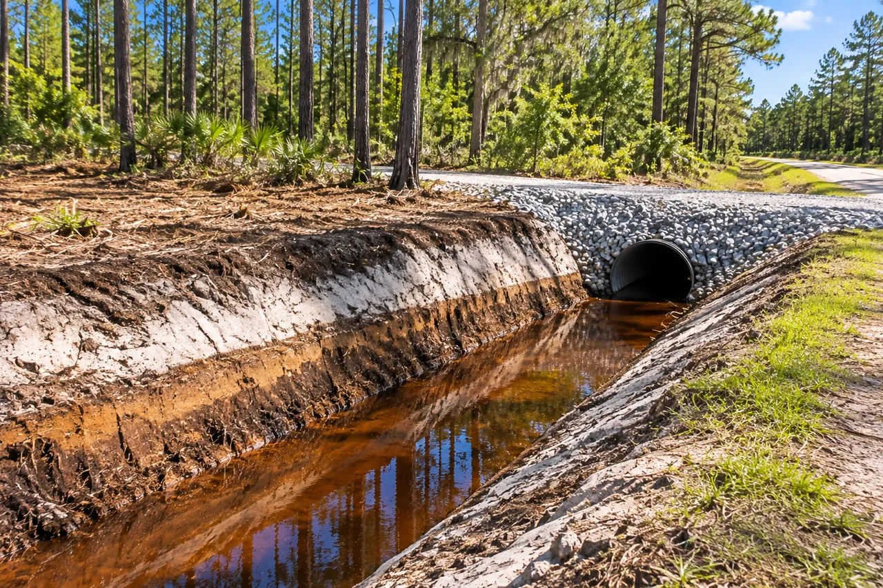 New roadside ditch cut through gray topsoil, white sand and a dark brown hardpan layer, with tea-colored water and a culvert under the drive