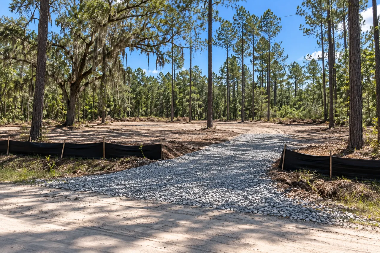 Flat cleared house site of gray sand with slash pines and a mossy live oak left standing, silt fence and a stone drive from a sandy road