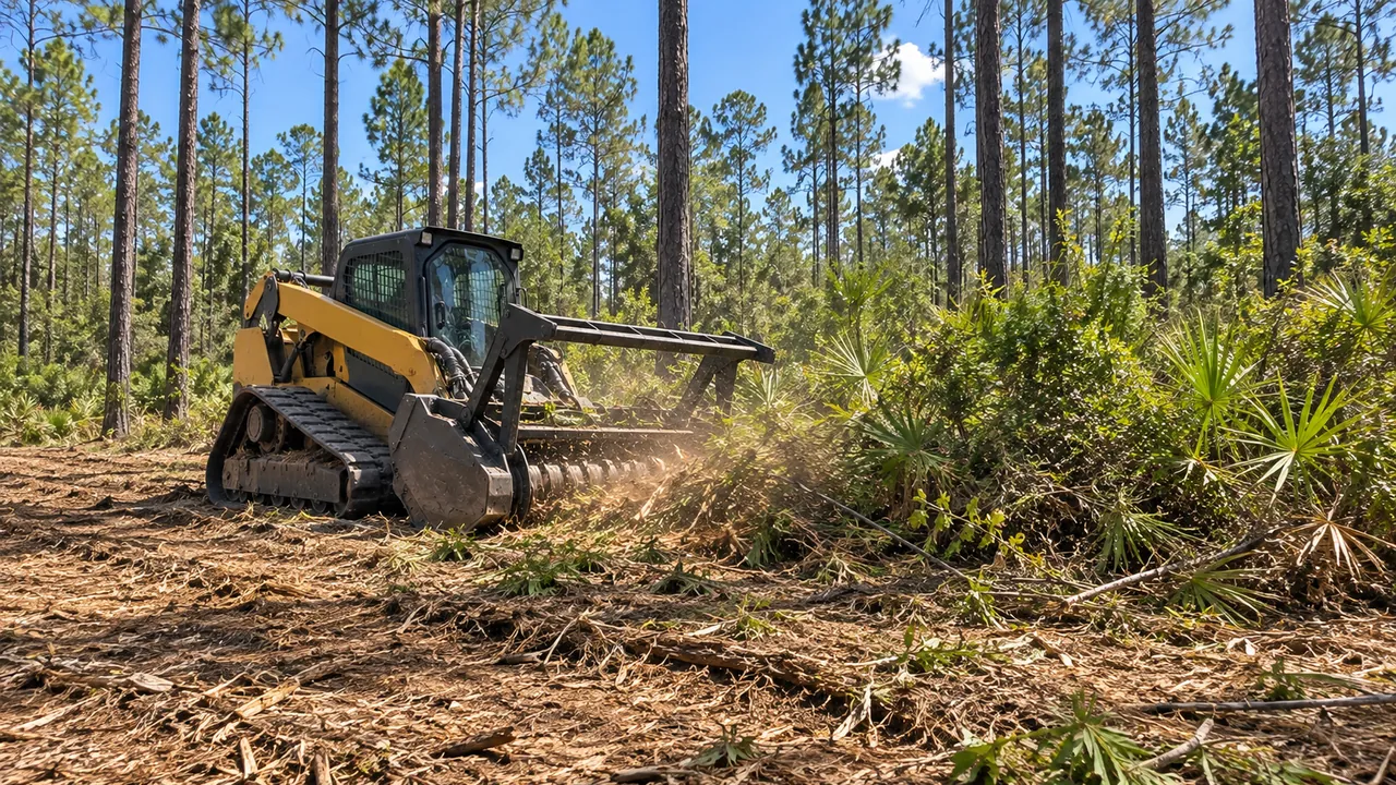 Forestry mulcher clearing palmetto and gallberry under rows of tall slash pines, leaving the pines standing