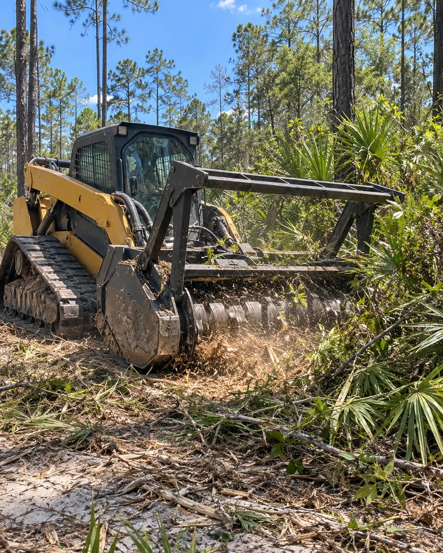 Close view of a mulching drum shredding saw palmetto and gallberry on gray sand under slash pines