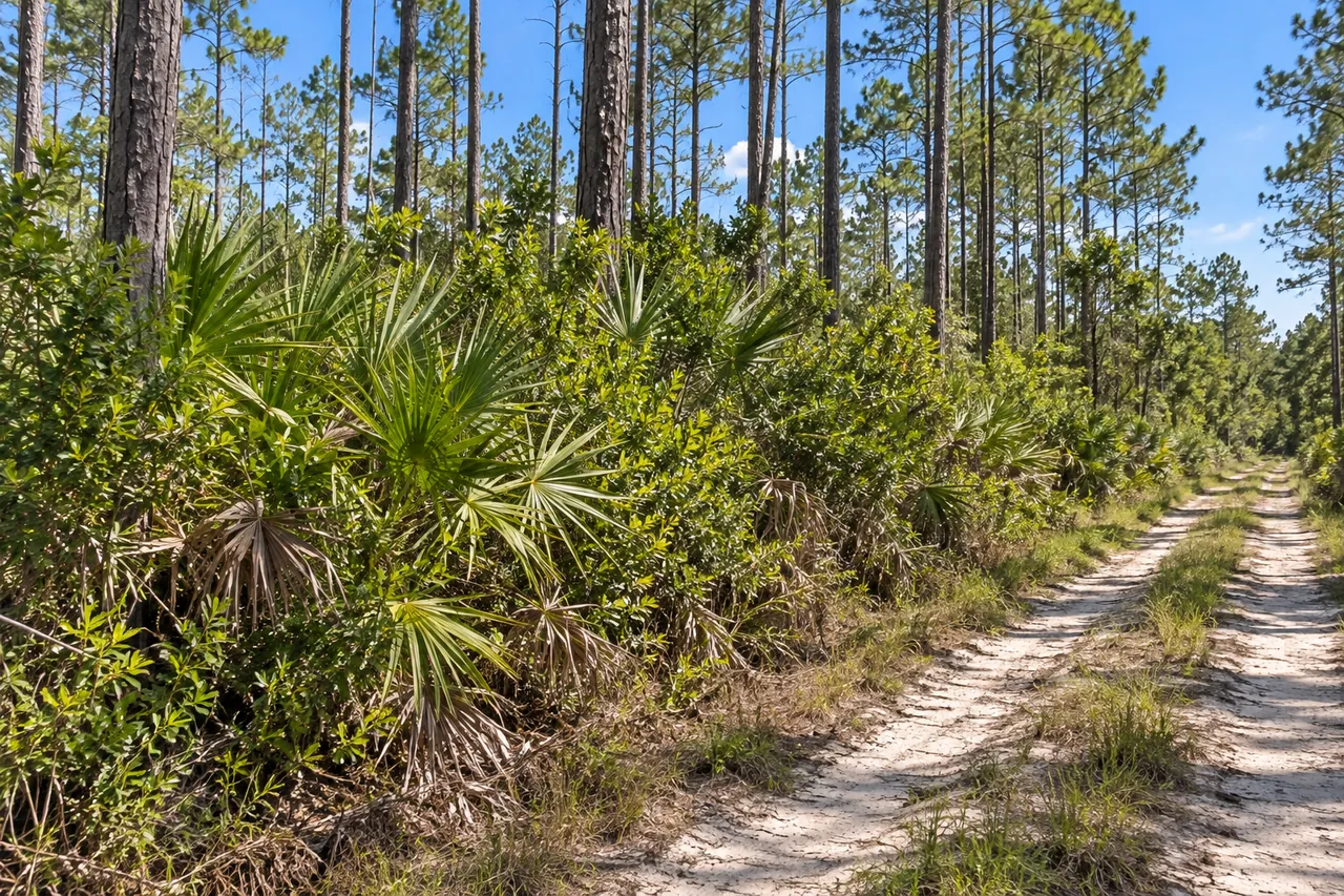 Head-high wall of saw palmetto and gallberry under tall pines beside a sandy two-track