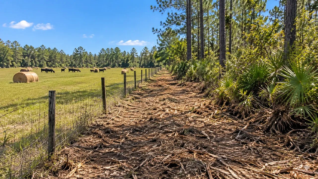 Flat pasture with hay bales and cattle, and a freshly mulched strip along the fence where palmetto and young pines had crept in