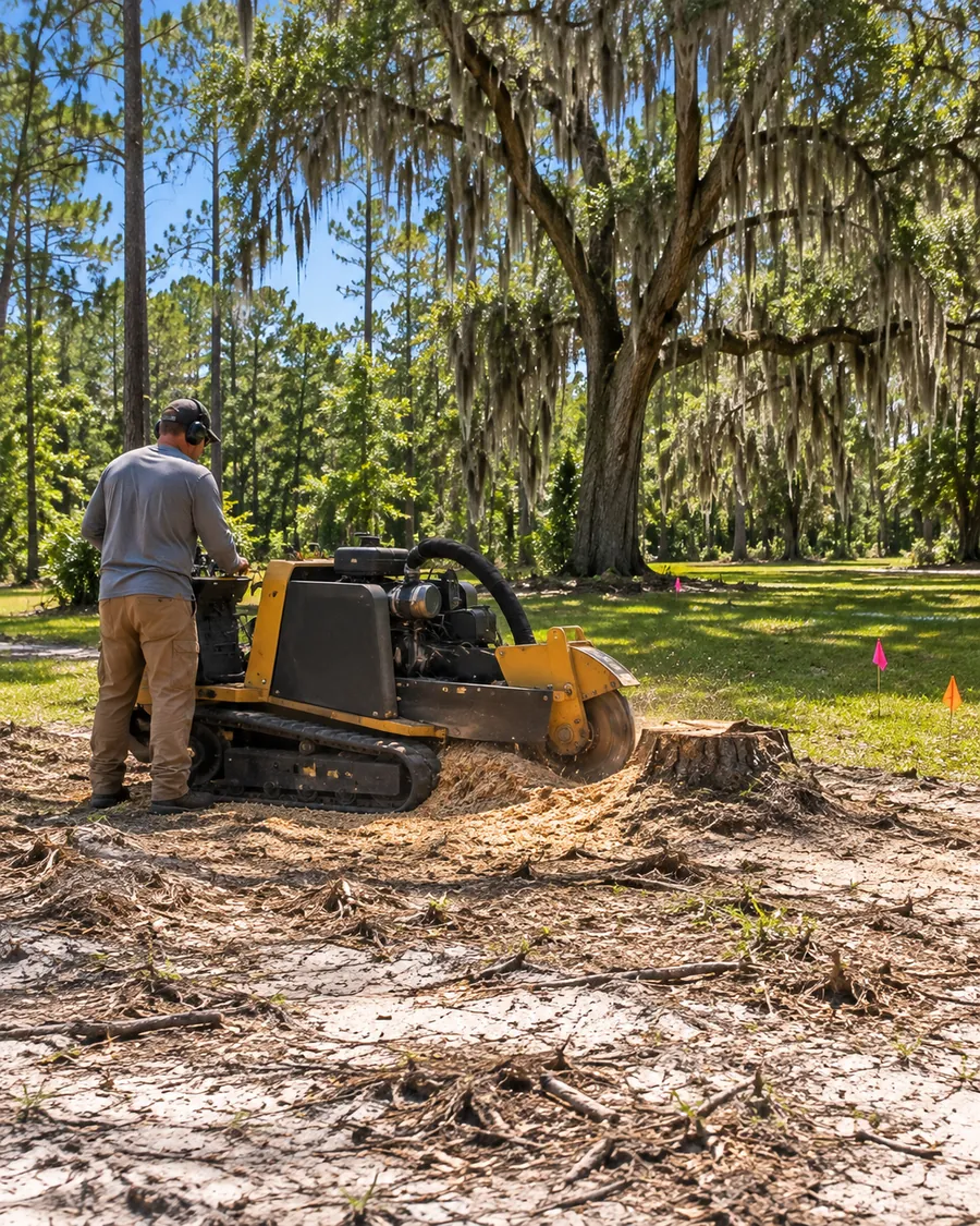Worker grinding a pine stump in a sandy yard, with utility flags in the grass and a mossy live oak behind