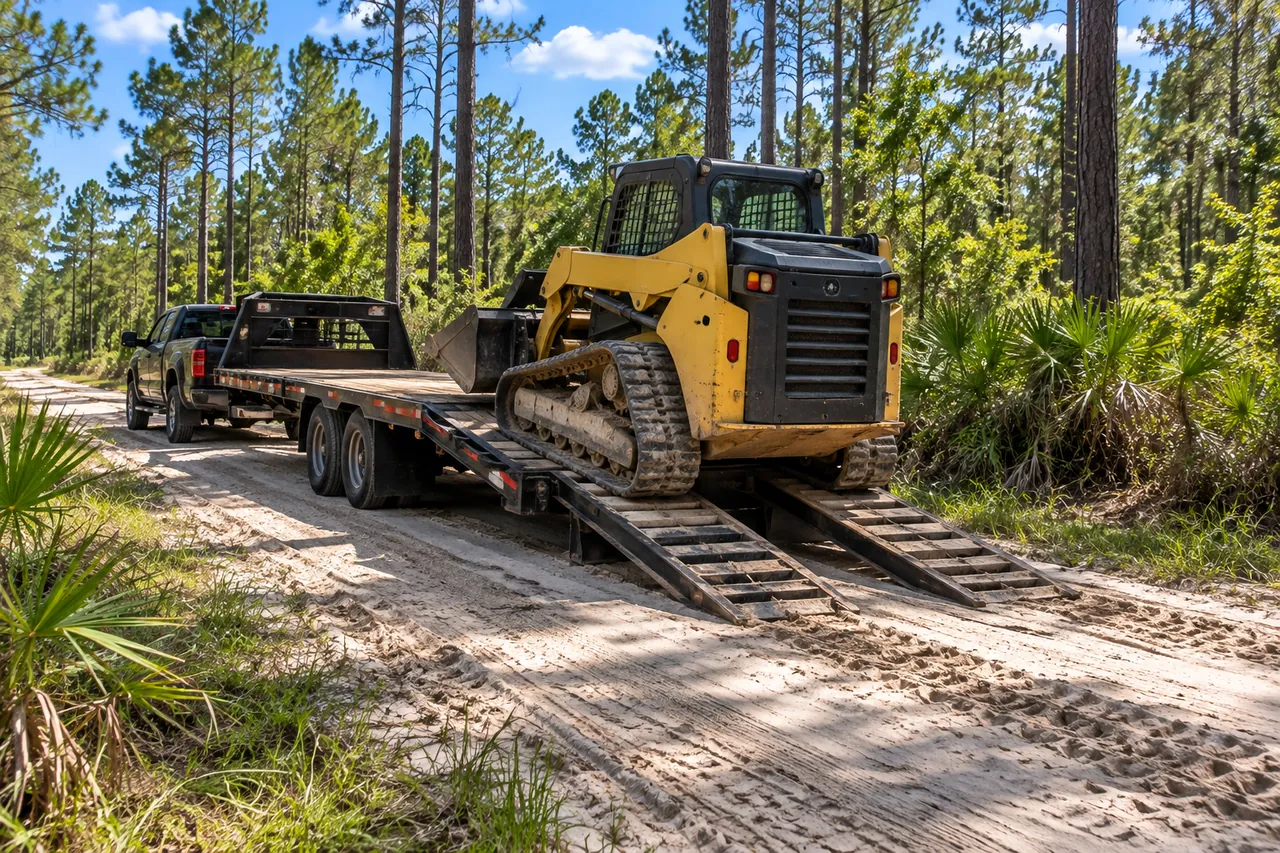 Compact track loader backing down an equipment trailer on a sandy road through pine flatwoods